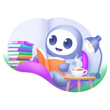 A flat-faced character with large, expressive eyes is sitting comfortably in a cozy nook. The character has a cheerful smile and is wearing a soft sweater. Surrounding them are stacks of colorful books in various sizes and shapes, some slightly leaning. A warm, plush cushion supports them as they hold an open book in their lap. A small, round lamp emits a soft glow, illuminating the pages. A steaming cup of tea rests on a nearby wooden table, adding to the inviting atmosphere.