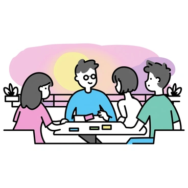 A group of four friends sitting around a square table on a balcony. They are engaged in a game of mahjong, with colorful tiles neatly arranged between them. The friends include a woman with long hair wearing a red dress, a man with glasses in a blue shirt, a woman with short hair dressed in a white top, and a man in a green t-shirt. Behind them, the sky is filled with various shades of orange, pink, and purple as the sun sets on the horizon. The balcony features potted plants and a railing, adding to the cozy atmosphere.
