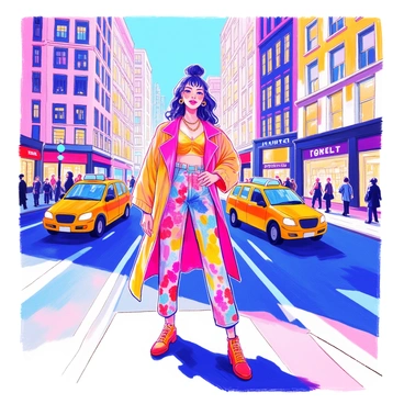 A person is standing confidently on a busy city street. They are wearing a dramatic outfit with bold colors and striking patterns, complete with oversized accessories. Their hand is on their hip, and their body is twisted to emphasize their pose. Around them, tall modern buildings and storefronts create an urban backdrop. The scene is bustling with pedestrians, and a few taxis are passing by. Bright city lights reflect off the windows, adding energy to the setting.