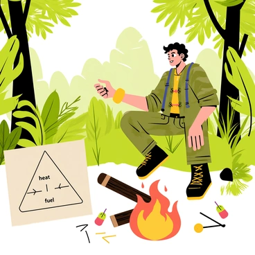 A survivalist kneeling on the forest floor in a lush rainforest, focused on building a fire. The scene includes dense green foliage, tall trees with thick trunks, and vibrant tropical plants surrounding the survivalist. The person is wearing practical outdoor gear, including a camouflage jacket and sturdy boots. Next to them, a drawn fire triangle is illustrated on a piece of parchment, clearly showing the three essential elements: “heat,” “fuel,” and “oxygen.” The fire triangle is prominently displayed, emphasizing its importance. Small twigs and larger pieces of wood are scattered around, ready to be used for the fire. The survivalist is using a small flint to create sparks.