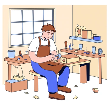 A craftsman with short brown hair is intently focused on carving a wooden sculpture. He is seated on a wooden stool, surrounded by various tools such as chisels and a mallet, which are neatly arranged on a workbench. The workshop has wooden walls and a large window allowing natural light to illuminate the space. Shavings of wood are scattered on the floor around him, and he is wearing a plain white shirt and brown leather apron. The unfinished sculpture is a block of wood resting on the workbench, showcasing detailed carving progress.
