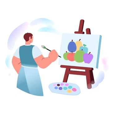 An artist is standing in front of an easel, focused on a large canvas. The canvas displays a still life composition featuring several plums and a variety of other fruits, including apples, pears, and grapes. The artist is holding a paintbrush and wearing a painter's apron. Nearby, a palette filled with vibrant paint colors rests on a small table. Soft light illuminates the scene, highlighting the rich colors of the fruits and the strokes of paint on the canvas.