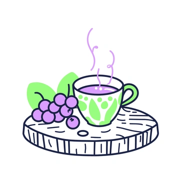 A cup of steaming elderberry tea is placed on a rustic wooden table. The cup is ceramic with a smooth surface, featuring intricate patterns. Beside the cup, there are fresh elderberries scattered, showcasing their deep color and shine. The table has a weathered texture, with visible grains and knots. Soft steam is rising from the tea, creating a gentle swirl above the cup. In the background, there are hints of natural elements like a green leaf partially visible, enhancing the organic feel of the scene.