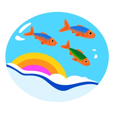 A group of colorful flying fish with shimmering scales soaring gracefully through the blue sky. Their fins are extended widely, showcasing intricate patterns and vibrant hues of orange, blue, and green. Below them, a glowing sunrise is rising on the horizon, casting warm shades of yellow, pink, and purple across the sky. The scene captures the dynamic movement of the fish against the backdrop of the radiant dawn.