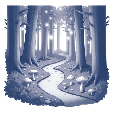 A dense forest with tall trees, their trunks thick and textured. The ground is covered in lush foliage, with various shapes of leaves. Scattered throughout the forest floor are "glowing mushrooms," some with wide caps and others with slender stalks, emitting a gentle light. "Floating lights" hover in the air, twinkling softly above the winding path that meanders through the trees. The path itself is lined with roots and stones, creating a natural border, while the surrounding trees create a sense of enclosure around this enchanting scene.