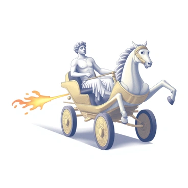 A figure representing Hermes is seated in a golden chariot. The chariot has intricate designs and appears to be in motion. Hermes is depicted with his iconic winged sandals and a flowing robe. The background features a vast expanse of sky. Flames are trailing behind the chariot, creating a dynamic sense of speed and movement. The overall composition captures the grandeur of the scene, emphasizing the fusion of divine and earthly elements.