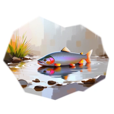 A trout with shimmering scales is swimming gracefully in a large puddle that has formed after heavy rain. The puddle reflects the gray sky above, with drops still falling softly around it. The edges of the puddle are surrounded by patches of wet earth and scattered pebbles. Small ripples can be seen in the water as the trout glides through, creating a contrast against the still surface. The scene captures the tranquility of nature after a rainstorm, with hints of green grass peeking around the puddle's perimeter.