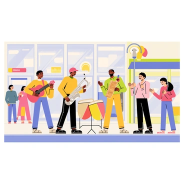 A group of four buskers is playing lively music on a bustling street corner. One busker is strumming a bright red acoustic guitar while another plays a shiny silver saxophone. The third busker is energetically tapping a pair of wooden bongo drums, and the fourth busker is singing into a microphone with a wide smile. People of various ages are gathered around, clapping their hands and swaying to the rhythm. Colorful street signs and shop windows can be seen in the background, adding to the vibrant atmosphere of the scene.