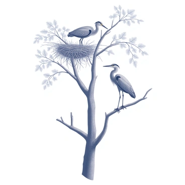 A pair of blue herons is engaged in building a nest high up in a tall tree. One heron is standing on a sturdy branch, carefully arranging twigs and leaves to form the structure of the nest. The other heron is perched nearby, with its long neck extending as it watches and assists. The tree has a strong trunk and lush foliage, providing a secure environment for the nest. The scene captures the herons' elegant features, including their long legs and pointed beaks as they work together.