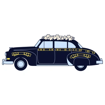A wedding car with a sleek, vintage design. The body of the car is painted a glossy black, adorned with intricate gold geometric art deco patterns that elegantly wrap around the sides. The car features shiny chrome accents, including the bumpers and wheel rims. Its windows are slightly tinted, adding sophistication. The roof of the car has a delicate floral arrangement in soft white and ivory colors, completing the wedding theme.