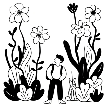 A tiny explorer with a backpack stands amidst an oversized garden filled with large plants and towering flowers. The explorer gazes up in awe at the vibrant foliage that stretches high above, creating a canopy of leaves. Various types of flowers bloom, their petals unfurling dramatically in different shapes and sizes. Some plants have winding vines that twist and wrap around each other, while others have broad leaves casting shadows on the ground. The explorer's small stature emphasizes the immense scale of the garden, enhancing the sense of wonder in this lush environment.