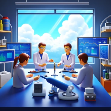 A group of scientists in a bustling aerospace laboratory. They are closely examining detailed spacecraft models placed on a large table. Several data screens display various graphs and images related to space missions. The scientists are wearing lab coats and safety glasses, engaged in deep discussion. A large window reveals a view of the sky, filled with clouds and sunlight streaming in. Various tools and instruments are scattered around the workspace, contributing to the atmosphere of innovation and exploration.