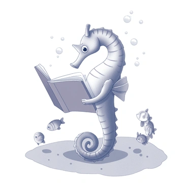 A seahorse is positioned upright on the sandy ocean floor, holding an open book with its curled tail. The seahorse has delicate fins slightly flared, and intricate textures on its body are visible. Around the seahorse, various small fish swim curiously, some are nearby, peering at the book. The scene captures bubbles rising to the surface, and soft waves create gentle patterns in the water above. The lighting is filtered and subtly illuminates the seahorse and its surroundings, enhancing the aquatic environment.