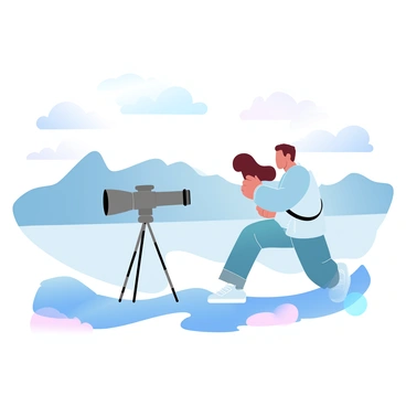 A photographer is adjusting the zoom lens of a camera while focusing on a distant mountain range. The photographer is wearing a light jacket and is positioned on a rocky terrain. The camera is mounted on a tripod, with the zoom lens prominently extended. In the background, the majestic mountain range stretches across the horizon, surrounded by soft clouds. The scene is illuminated with soft and gentle gradient pastel colors, enhancing the natural beauty of the landscape.