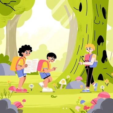 A group of three kids wearing colorful backpacks is exploring an enchanting forest. The first child, a girl with curly brown hair, holds a map in her hands, looking excited. The second child, a boy with straight black hair, points toward a glittering object partially buried in the ground. The third child, a boy with blonde hair, carries a magnifying glass, inspecting a large tree with intricate carvings. Sunlight filters through the dense canopy above, creating dappled patterns on the forest floor covered with vibrant green moss and wildflowers. They are surrounded by towering trees, whimsical mushrooms, and small rocks, adding to the adventurous atmosphere of their treasure hunt.