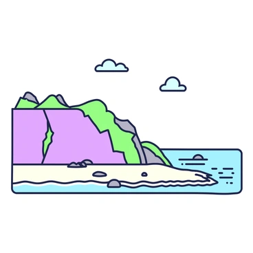 A coastal area with a shoreline where a normal fault line is visible. The fault creates a distinct separation in the terrain, with one side of the fault appearing elevated while the other side is lower. There are rocky cliffs on the elevated side, with sparse vegetation clinging to the edges. At the base of the cliffs, sandy beach stretches along the water's edge, where gentle waves lap against the shore. In the distance, calm water reflects the sky, and a few clouds are scattered across the horizon. A series of small boulders can be seen near the waterline, indicating the geological activity of the area.