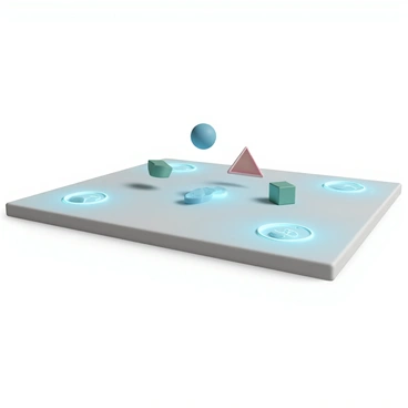 A digital tabletop displaying a holographic board game, with a sleek, futuristic design. The surface of the tabletop emits a soft, glowing blue light, accentuating the details of the game. Floating above the surface are translucent game pieces in various shapes and colors, including a red pyramid, a blue sphere, and a green cube. Each piece hovers slightly above the surface, casting subtle shadows below them. Around the edges of the tabletop, glowing icons represent different game actions, creating an engaging and interactive atmosphere.