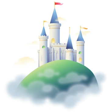 A large fairy tale castle with tall, pointed towers and intricate details is floating above a photograph depicting a foggy hillside. The castle is made of shimmering white stone with golden accents, and colorful flags are fluttering at the top of each tower. Below, the hillside is covered in lush green grass, partially obscured by thick, swirling fog that creates a mystical atmosphere. Soft light spills from the castle windows, illuminating the fog in a warm glow, while the hillside remains muted and shadowy in color. The image captures a sense of enchantment and wonder.