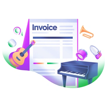 An invoice displaying the words "Invoice" at the top in bold, black letters. The background is filled with colorful illustrations of various musical instruments. On the left side, there is a vibrant acoustic guitar with intricate details. On the right side, a classic piano is depicted with its keys clearly visible. Surrounding these instruments are smaller illustrations of a trumpet, a violin, and a drum, all rendered in bright colors that complement the overall design. The layout is organized, with sections for itemized details below the instruments.