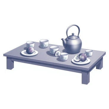 A rectangular wooden table is set for tea. On the table, there is a polished teapot with a curved handle and spout. Surrounding the teapot are several delicate teacups, each with a floral pattern. A small plate rests on the table, holding fresh, whole figs with their dark skin and unique shape. The scene conveys a sense of elegance and preparation for a tea gathering.