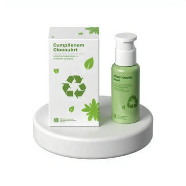 A product displayed in environmentally friendly packaging made from recycled materials. The packaging is predominantly white with green accents. It features various green icons and symbols that promote sustainability, such as a recycling symbol and a leaf, printed prominently on the front. The product itself is a natural skincare item, with a simple yet elegant design, positioned against a neutral background to highlight its eco-friendly message.