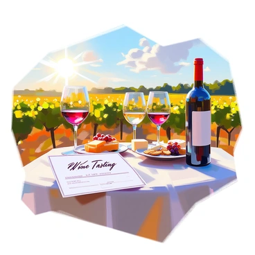 A wine tasting voucher displayed prominently in the foreground, featuring elegant typography that reads "Wine Tasting Experience." In the background, several wine glasses filled with red and white wine are arranged on a rustic wooden table. A selection of cheese plates with various cheeses, grapes, and crackers are artfully placed next to the glasses. Beyond the table, a picturesque vineyard stretches into the distance, with rows of grapevines under a clear blue sky. The sun casts a warm glow over the entire scene, enhancing the inviting atmosphere of the wine tasting experience.