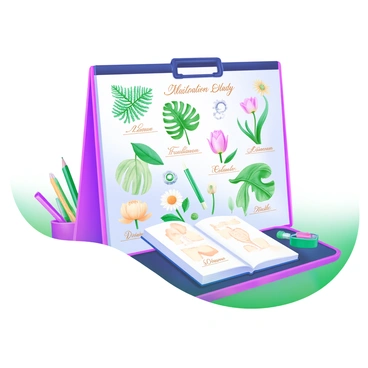 A modern pastel illustration featuring a large illustration board displaying a detailed botanical study. The board is filled with various plants and flowers, each labeled with elegant text. There are vibrant green leaves from ferns and tropical plants, delicate petals from roses, tulips, and daisies in shades of pink, yellow, and white. An open sketchbook lies next to the board, showcasing pencil drawings of the same plants. Surrounding the board are art supplies, including colored pencils and brushes, neatly arranged in a small tray. A gentle light casts soft shadows, creating a cozy study atmosphere.