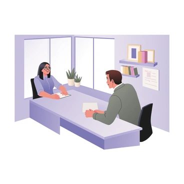 A digital flat illustration depicting a career coach and a client engaged in a conversation. The career coach, a woman with medium skin and shoulder-length black hair, is seated at a sleek, modern desk. She is wearing a light blue blouse and glasses, and she has a notepad in front of her. The client, a man with light skin and short brown hair, is sitting across from her. He is wearing a gray sweater and appears thoughtful. The office is minimalist, featuring white walls, a large window allowing natural light to flood the space, and a few potted plants in the background. There are abstract art pieces on the wall, and a small bookshelf filled with career-related books is visible.
