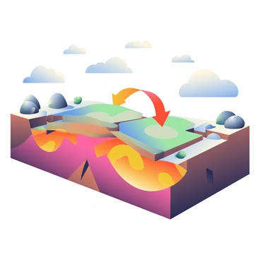 A dynamic illustration depicts tectonic plates shifting over time. The scene shows two large tectonic plates in the center, one moving down and the other moving up. Arrows indicating movement highlight the direction of the plates, emphasizing the concept of "slab pull." Beneath the plates, molten rock flows, creating a vibrant display of orange and red tones. Surrounding the plates, the earth's crust is cracked and fractured, showcasing the impact of their movements. Above, a series of clouds and stones illustrate geological activity, ensuring a sense of motion and transformation in the landscape.