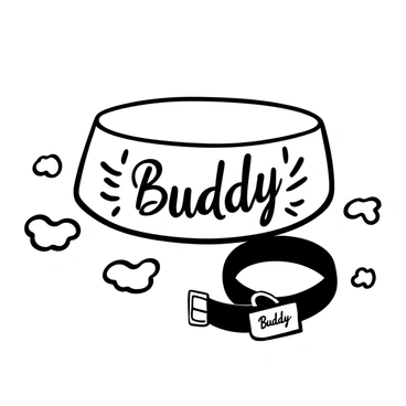 A dog bowl positioned on a textured surface, with the name "Buddy" artistically written on the side in a playful font. Around the bowl are small scattered dog treats. A collar with a tag rests beside the bowl, also displaying the name "Buddy."