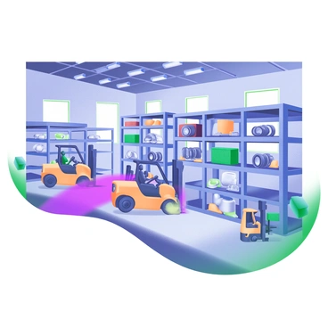 A spacious factory warehouse filled with neatly organized rows of car parts. The parts are stored on shelves which display various components, such as engines, tires, and body panels, all in an orderly fashion. Several forklifts are in motion, transporting items around the warehouse. Each forklift is brightly colored, with the operators focused on their tasks. Bright overhead lights illuminate the warehouse, casting soft shadows on the polished concrete floor.
