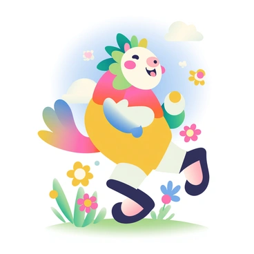 A fantastical creature with vibrant, multicolored fur is prancing through a colorful meadow filled with blooming flowers of various shapes and sizes. The creature has elongated limbs that end in large, playful paws and an exaggerated smile that showcases its playful nature. Surrounding the creature, the meadow is dotted with flowers in shades of pink, yellow, and blue, while patches of green grass sway gently in the breeze. The background features a clear blue sky with fluffy white clouds scattered across it.