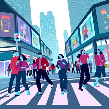 A bustling crosswalk in a modern metro city teeming with pedestrians. The scene is filled with a diverse group of people, including men and women of various ethnicities, all hurrying across the street. Some pedestrians are wearing business attire, while others are dressed casually. Brightly lit storefronts and large digital billboards illuminate the surroundings, creating a vibrant urban atmosphere. The crosswalk signals are visibly active, with a "walk" symbol glowing. In the background, towering skyscrapers stretch toward the sky, emphasizing the city's dynamic energy.
