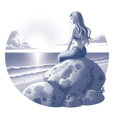 A mermaid with shimmering scales is perched on a large, weathered rock. Her long, flowing hair cascades down her back, catching the light of the setting sun. She is looking out over the ocean, where the horizon is filled with a dramatic display of clouds. The sun is partially submerged, casting intricate shadows and reflections on the water's surface. The rock is textured with barnacles and seaweed, and in the background, gentle waves lap against the shore. There is a sense of tranquility in the scene as the mermaid gazes thoughtfully at the expansive view.