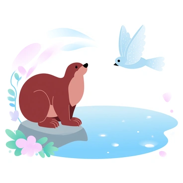 Une loutre est accroupie sur une pierre au bord d'un étang, observant avec attention une libellule qui vole au-dessus de l'eau. La loutre a un pelage brun et doux, et ses pattes sont légèrement repliées sous elle. L'étang est entouré de plantes aquatiques vertes et de fleurs colorées. La libellule, avec des ailes translucides scintillantes, se déplace lentement dans l'air. Des ondulations légères se forment à la surface de l'eau, reflétant des teintes pastel du ciel et des paysages environnants.