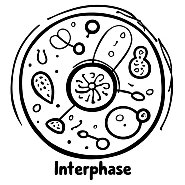 A detailed illustration of a cell in interphase, showcasing the cell membrane surrounding the cytoplasm. Inside the cell, a clearly defined nucleus is visible at the center, surrounded by a network of chromatin. The nucleolus appears prominently within the nucleus. Various organelles such as mitochondria and endoplasmic reticulum are distributed throughout the cytoplasm, each represented in a stylized manner to indicate their specific shapes. "Interphase" is displayed at the bottom of the image in bold lettering.