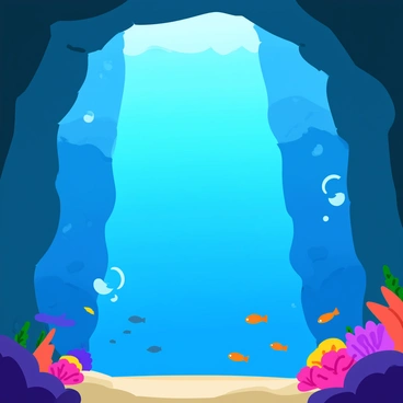 An underwater cave with rocky walls and textured surfaces. Shafts of sunlight pierce through the water, creating beams of light that illuminate parts of the cave. Schools of small, colorful fish are swimming gracefully in the water, their scales shimmering as they move. Coral formations can be seen nestled along the cave walls, adding vibrant colors to the scene. The water is a deep blue, with bubbles rising towards the surface.