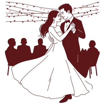 A couple is dancing closely together in a charming setting. The bride is wearing a beautiful white gown that flows elegantly as she twirls. The groom is in a classic black suit with a crisp white shirt. They are surrounded by a canopy of twinkling lights that create a warm and enchanting atmosphere. The couple's faces are filled with joy and love as they share this special moment. In the background, there are softly blurred silhouettes of guests watching the dance, enhancing the intimate setting.