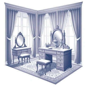 A royal dressing room featuring a majestic vanity. The vanity is elegantly designed with intricate carvings and opulent details. On top of the vanity, there is a "crown" resting alongside a "scepter," both symbolizing royalty. The room is spacious with lavish curtains draped over large windows, and ornate mirrors reflecting the luxurious surroundings. Richly patterned carpets cover the floor, enhancing the grandeur of the space. Elegant furniture pieces, such as a plush chair and decorative tables, complete the regal ambiance.