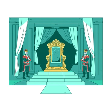 A teal ornate throne room is filled with rich details and luxurious decor. In the center, a large golden throne is positioned on an elevated platform, adorned with intricate carvings and gemstones. Surrounding the throne are flowing white silk banners that hang elegantly from the walls, gently swaying as if touched by a breeze. Positioned at each corner of the room are soldiers dressed in traditional attire, complete with ornate armor and colorful sashes. Their serious expressions and poised stances convey a sense of duty and vigilance as they stand guard over the royal space.