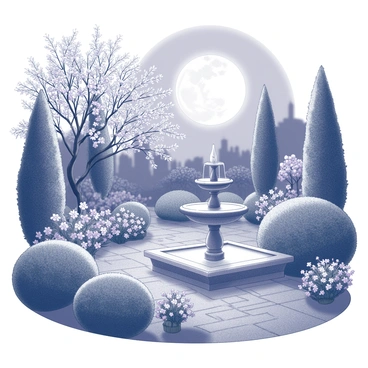 A garden scene illuminated by moonlight. The garden is filled with various blooming night flowers, such as jasmine and moonflowers, their petals open wide to the night. The moon hangs low in the sky, casting soft light over the lush greenery and creating gentle shadows. There are stone pathways winding through the garden, bordered by neatly trimmed bushes. In the background, a small fountain gently trickles water, surrounded by more flowers, enhancing the peaceful atmosphere.