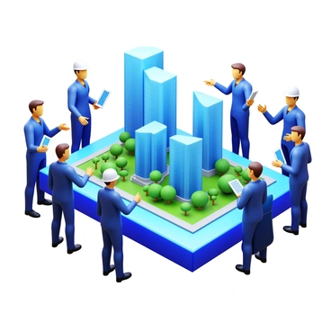 A group of engineers collaborating over a digital model depicting a futuristic smart city. The model showcases sleek, high-rise buildings with greenery integrated into the architecture. Engineers are gathered around a large holographic display that projects the digital city, with various interactive elements visible. Some engineers are taking notes, while others point at specific features on the model. The environment is filled with modern technology, such as tablets and laptops, contributing to the dynamic atmosphere of innovation. The lighting is bright and focused on the display, highlighting the intricate details of the smart city design.