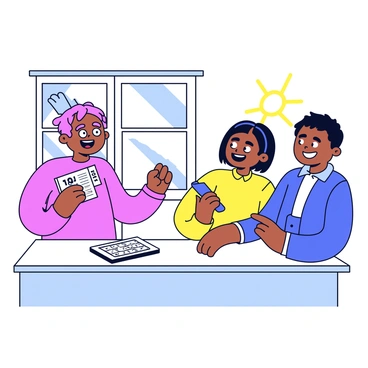 A person standing in a bright kitchen, holding a lottery ticket in one hand. They have wide eyes and an open mouth, expressing surprise. On the kitchen table, there is a smartphone displaying the winning numbers. A friend is sitting across from them, smiling and pointing at the phone, confirming the match. Sunlight streams in through a window, casting soft shadows in the room.