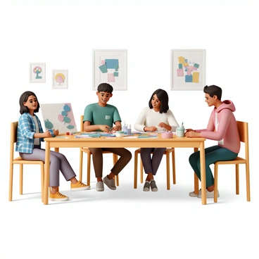 A group of four friends sitting around a large wooden table covered with various art supplies. One friend, a woman wearing a blue plaid shirt, is painting a colorful canvas with a palette in her hand. Another friend, a man in a green t-shirt, is cutting paper with scissors while smiling. The third friend, a woman in a white sweater, is gluing pieces of fabric onto a scrapbook, looking focused. The fourth friend, a man in a red hoodie, is sketching in a notebook, occasionally looking up and laughing with the group. The room is warmly lit, and artwork is displayed on the walls, adding to the creative atmosphere.