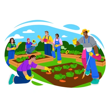 A group of diverse neighbors is working together in a community garden. Some individuals are kneeling on the ground, planting colorful flowers such as vibrant red tulips and bright yellow sunflowers. Others are placing neatly arranged rows of green lettuce and orange carrots into the rich, brown soil. Each person is wearing gardening gloves and sun hats, while a few have watering cans and trowels in hand. In the background, there are wooden raised garden beds filled with healthy plants, and a sunny sky with fluffy white clouds overhead.