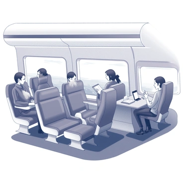 An interior view of an electric plane's passenger cabin. The cabin features sleek, modern seating arranged in a two-by-two configuration. Passengers are seated comfortably, looking out of large, panoramic windows that provide expansive views of the sky and landscape below. Some passengers are engaged in conversations, while others are using electronic devices or reading. Overhead, soft, ambient lighting enhances the contemporary feel of the space. The walls are uncluttered, showcasing minimalist design elements that contribute to a spacious atmosphere.
