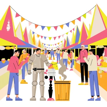 A medieval market scene filled with various stalls displaying colorful fabrics, fruits, and pottery. In the center, a knight in shining armor stands next to a small dumpster, wielding a wooden bucket filled with water. The knight is in the process of extinguishing a small fire, which is producing smoke and flickering flames. Around the knight, curious villagers are watching the scene unfold, some pointing and others with concerned expressions. Bright banners hang above the market, gently fluttering in the breeze.