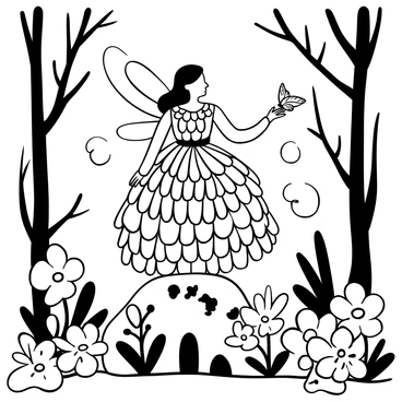 A fairy with delicate wings is wearing a ball gown made entirely of flower petals, showcasing intricate layers and textures. She is standing on a moss-covered stone in the center of an enchanted forest. Surrounding her are tall, slender trees with twisting branches, and soft, luminous orbs of light float gently in the air. Various flowers bloom beneath her, adding to the magical atmosphere of the scene. The fairy is delicately reaching out towards a butterfly that is fluttering nearby.