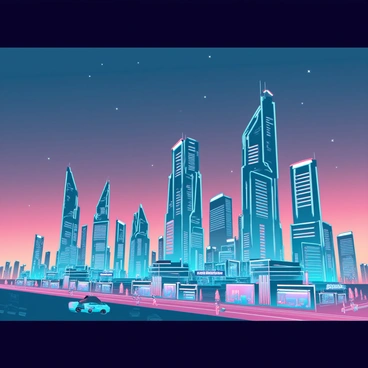 A panoramic view of a skyline filled with futuristic skyscrapers, featuring sleek, angular designs and reflective glass surfaces. Each building is adorned with vibrant neon lights in various colors, casting an ethereal glow against the deepening twilight sky. The sky transitions from a warm orange to a dark blue, dotted with faint stars. A bustling city below features streets alive with hover cars and people, adding life to the scene.