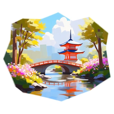 A picturesque scene featuring a traditional pagoda with curved roofs, situated on a raised platform. The pagoda is connected to the opposite shore by a wooden bridge that gently arches over the flowing river. The water is clear, reflecting the rich greenery and vibrant flowers along the banks. Tall trees frame the scene, their leaves rustling in the breeze. The sky above is adorned with fluffy white clouds, and sunlight filters through, casting soft shadows on the wooden bridge.